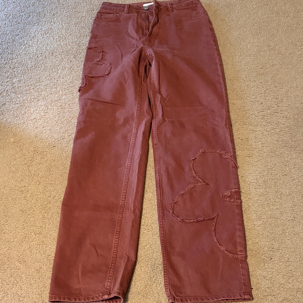PacSun Rust Red/Brown Distressed 90s Boyfriend Jeans With Flower Design